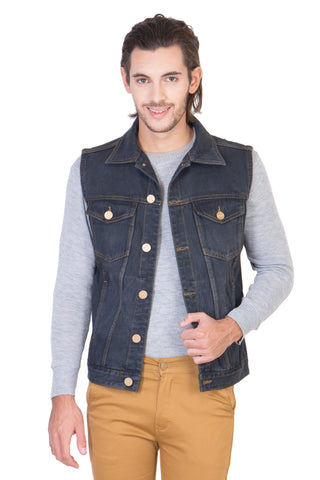 Sleeveless Blue Men's Denim Jacket with Brass Button