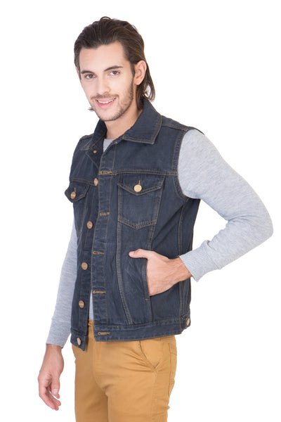 Sleeveless Blue Men's Denim Jacket with Brass Button