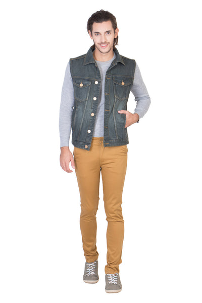 Sleeveless  Grey Men's Denim Jacket with Brass Button