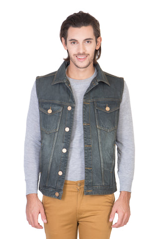 Sleeveless  Grey Men's Denim Jacket with Brass Button