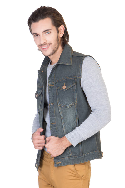 Sleeveless  Grey Men's Denim Jacket with Brass Button