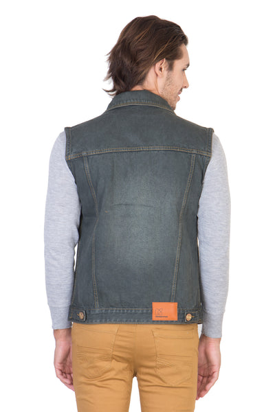 Sleeveless  Grey Men's Denim Jacket with Brass Button