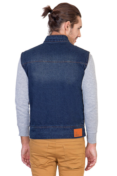 Sleeveless Tinted Blue Men's Denim Jacket with Zipper