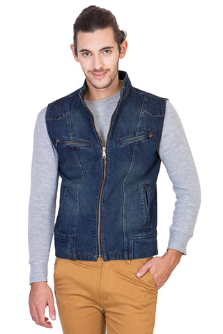 Sleeveless Dark Blue Men's Denim Jacket with Zipper