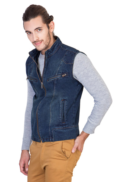 Sleeveless Dark Blue Men's Denim Jacket with Zipper