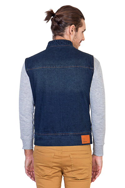 Sleeveless Dark Blue Men's Denim Jacket with Zipper