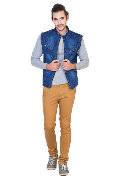 Sleeveless Light Blue Men's Denim Jacket with Zipper