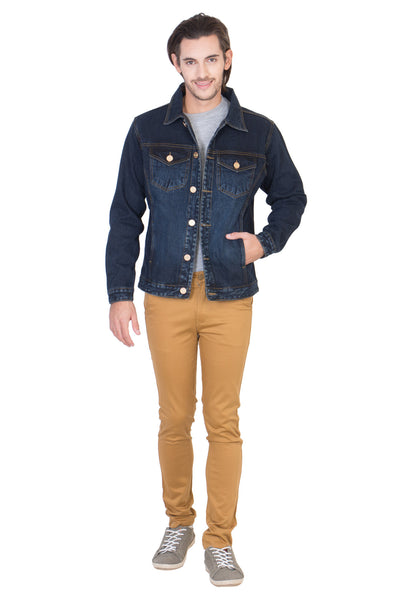 Full Sleeve Dark Blue Men's Denim Jacket with Brass Buttons