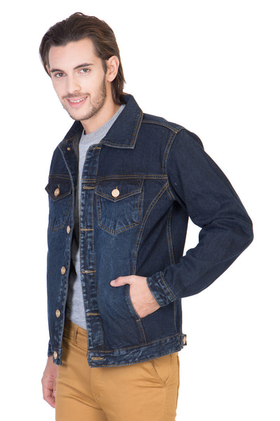 Full Sleeve Dark Blue Men's Denim Jacket with Brass Buttons