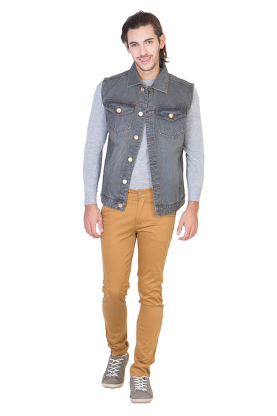 Sleeveless Tinted Grey Men's Denim Jacket with Brass Button