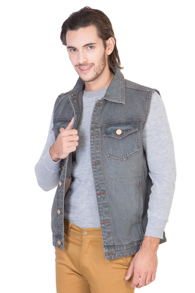 Sleeveless Tinted Grey Men's Denim Jacket with Brass Button