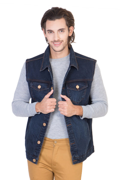 Sleeveless Dark Blue Men's Denim Jacket with Brass Button