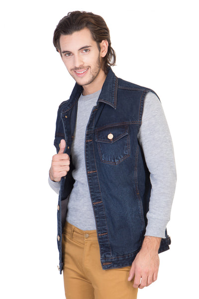 Sleeveless Dark Blue Men's Denim Jacket with Brass Button