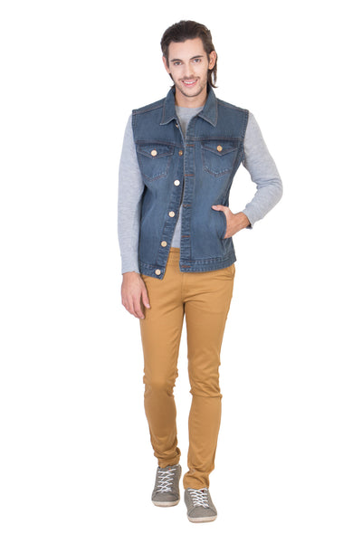 Sleeveless Tinted Blue Men's Denim Jacket with Brass Button