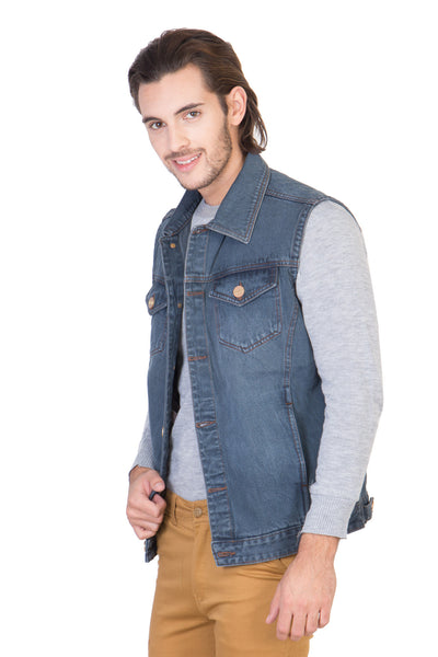 Sleeveless Tinted Blue Men's Denim Jacket with Brass Button