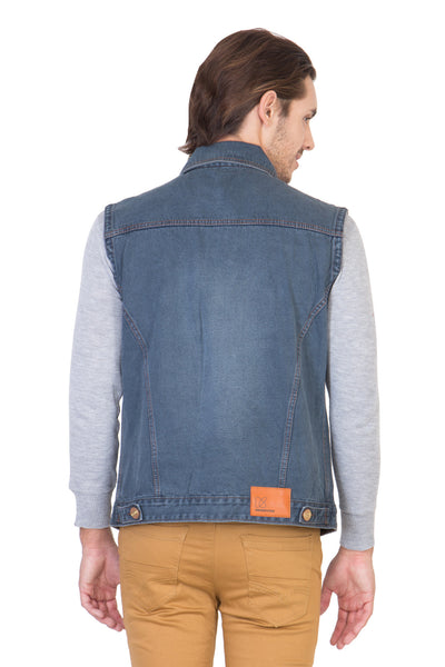 Sleeveless Tinted Blue Men's Denim Jacket with Brass Button